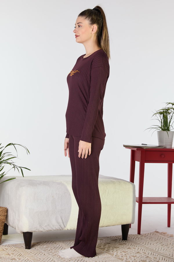 Düz Bisiklet Yaka Kadın Bordo Pijama Takımı - 23650