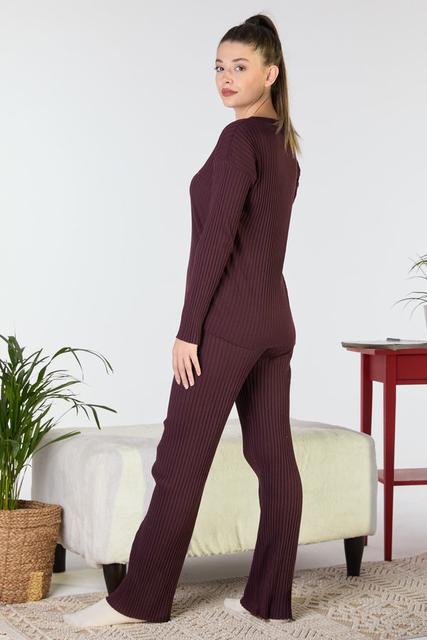 Düz Bisiklet Yaka Kadın Bordo Pijama Takımı - 23650