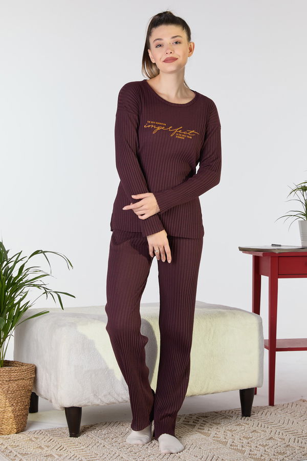 Düz Bisiklet Yaka Kadın Bordo Pijama Takımı - 23650