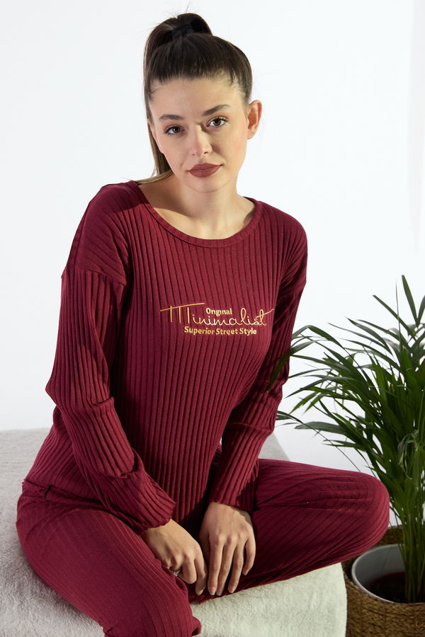 Düz Bisiklet Yaka Kadın Bordo Pijama Takımı - 23544 BORDO