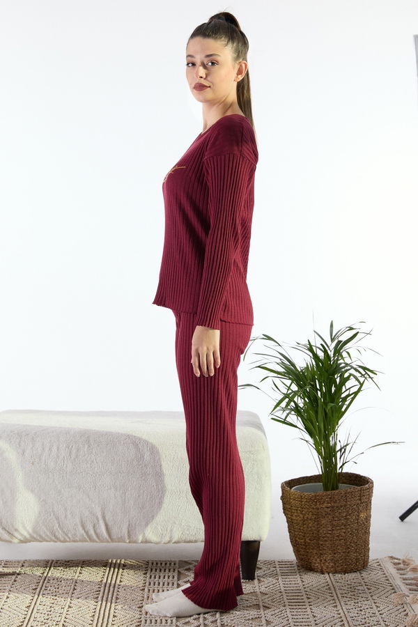 Düz Bisiklet Yaka Kadın Bordo Pijama Takımı - 23544 BORDO