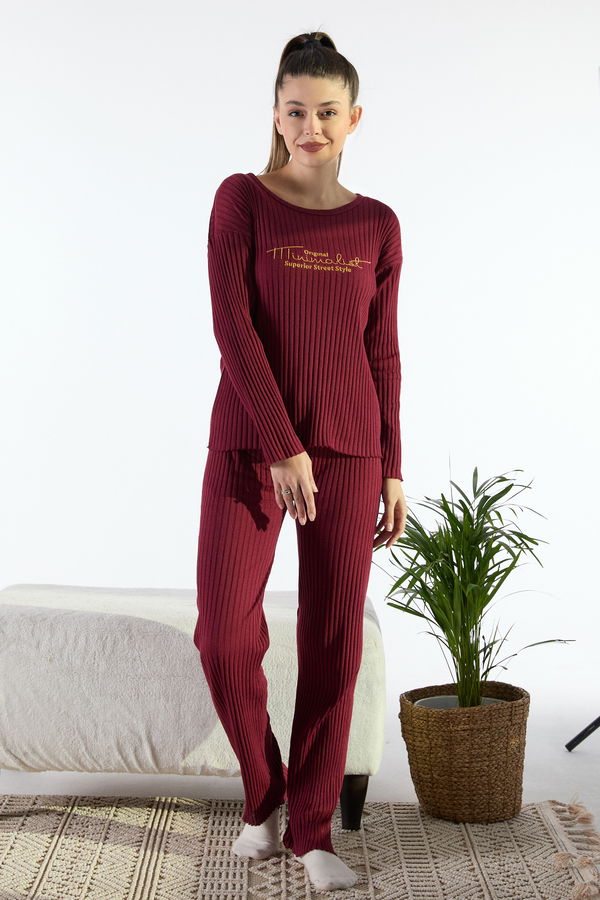 Düz Bisiklet Yaka Kadın Bordo Pijama Takımı - 23544 BORDO