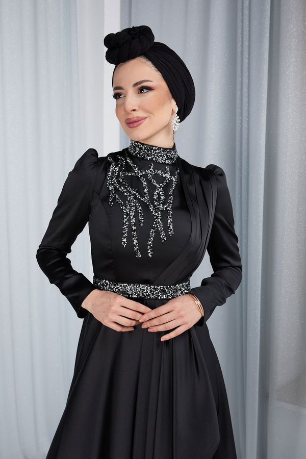 Düz Hakim Yaka Kadın Siyah Abiye Elbise - 23673 SİYAH