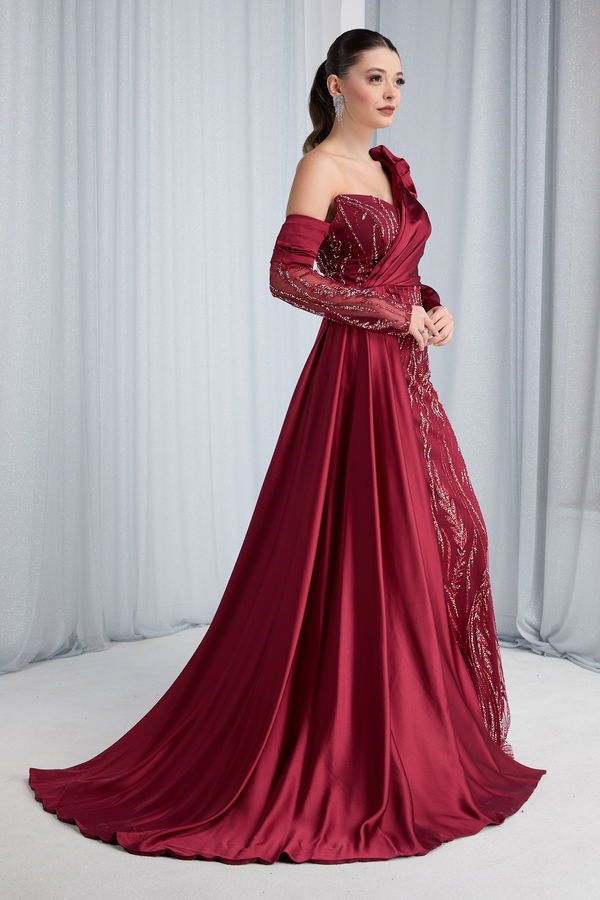 Düz Orta Kadın Bordo Abiye Elbise - 23682
