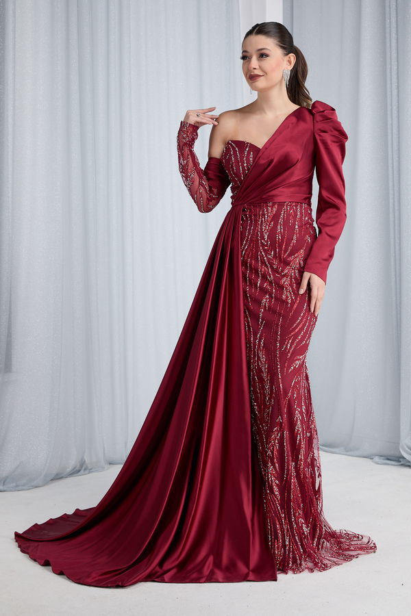 Düz Orta Kadın Bordo Abiye Elbise - 23682