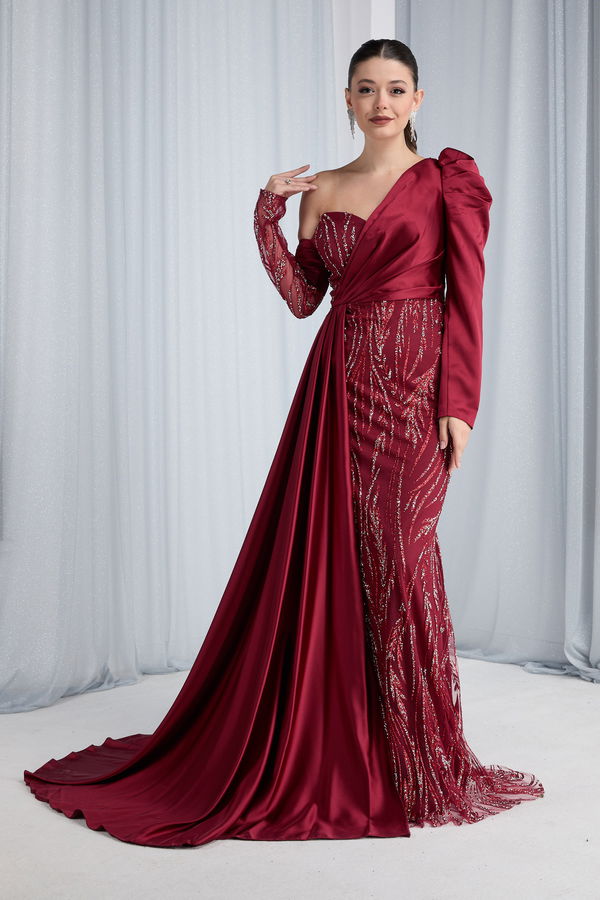Düz Orta Kadın Bordo Abiye Elbise - 23682