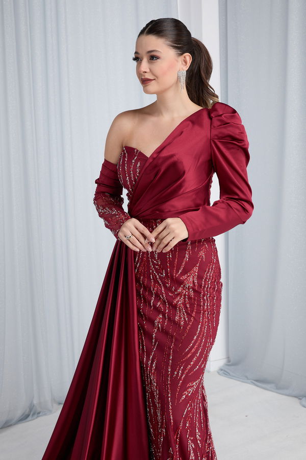 Düz Orta Kadın Bordo Abiye Elbise - 23682