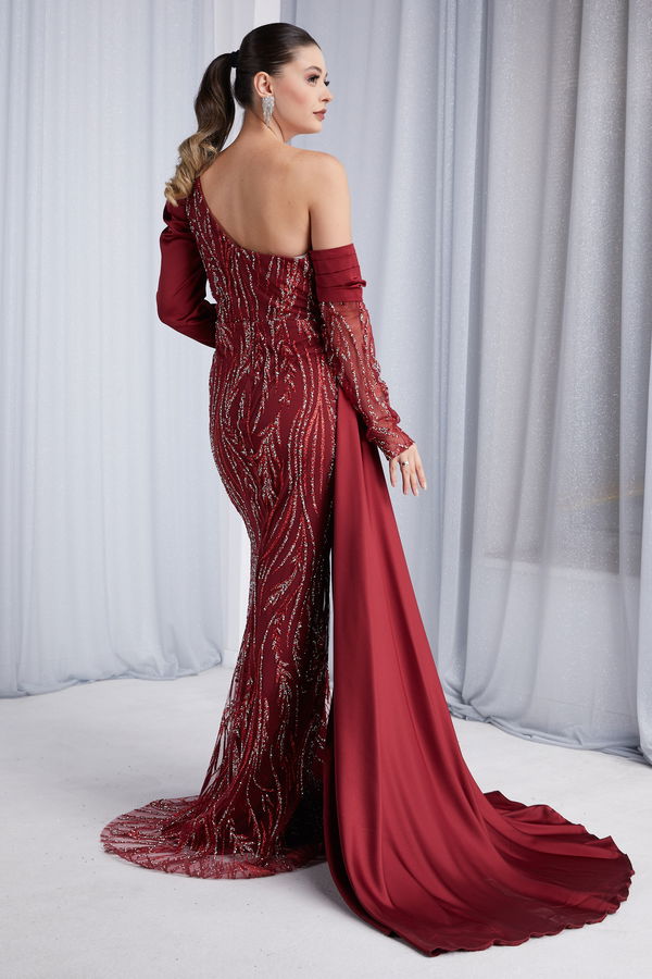 Düz Orta Kadın Bordo Abiye Elbise - 23682