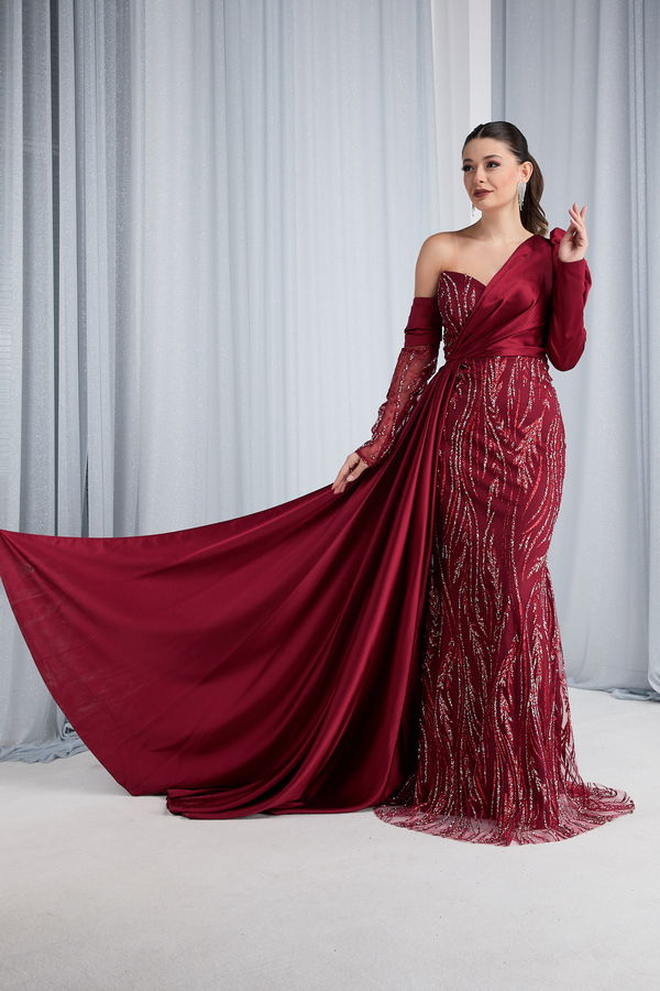 Düz Orta Kadın Bordo Abiye Elbise - 23682