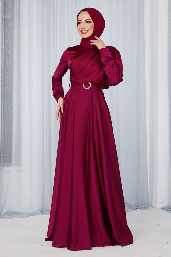 Düz Hakim Yaka Kadın Bordo Abiye Elbise - 23684