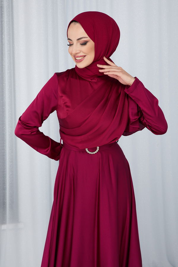 Düz Hakim Yaka Kadın Bordo Abiye Elbise - 23684