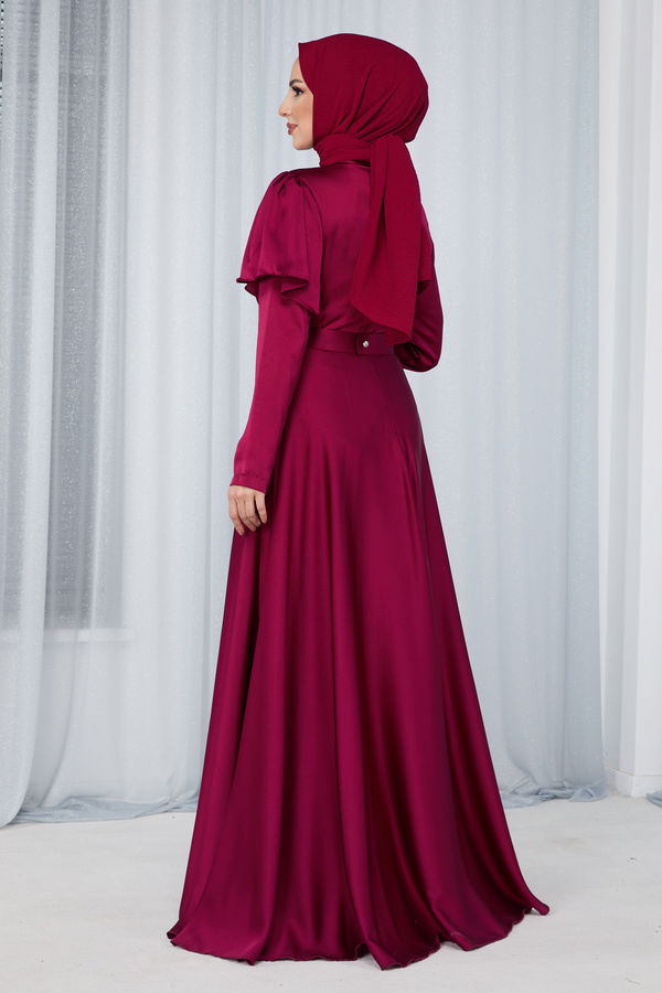 Düz Hakim Yaka Kadın Bordo Abiye Elbise - 23684