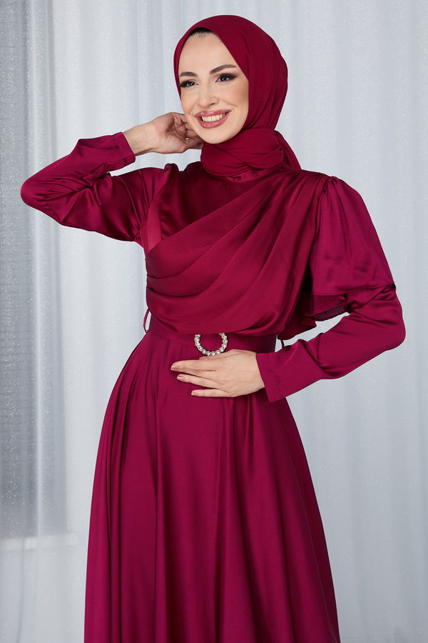 Düz Hakim Yaka Kadın Bordo Abiye Elbise - 23684