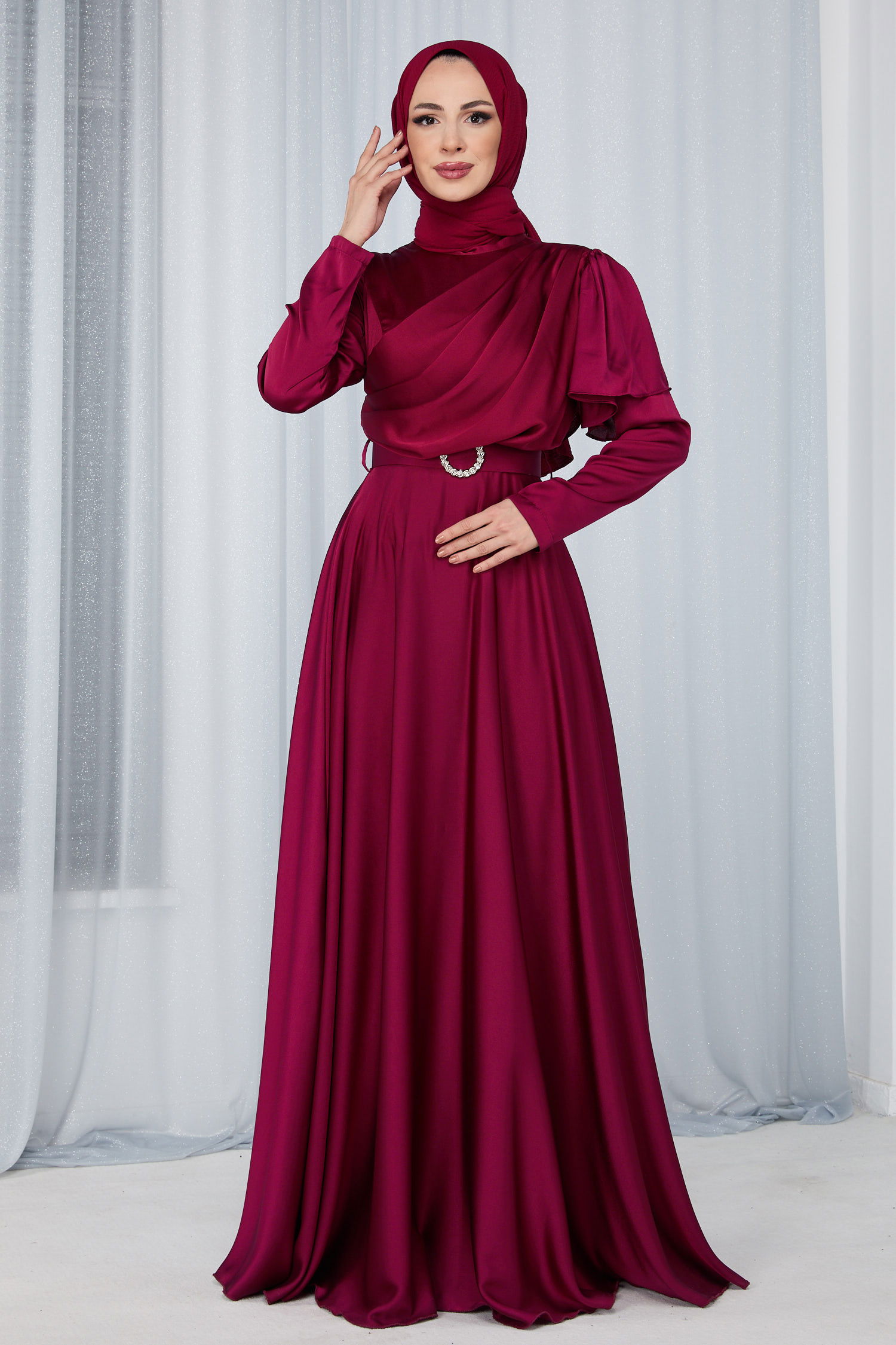 Düz Hakim Yaka Kadın Bordo Abiye Elbise - 23684