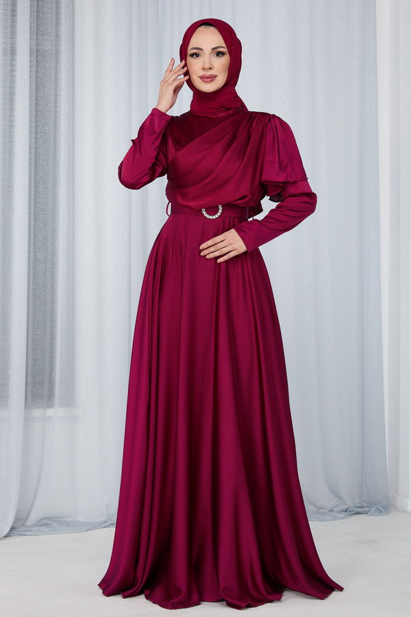 Düz Hakim Yaka Kadın Bordo Abiye Elbise - 23684