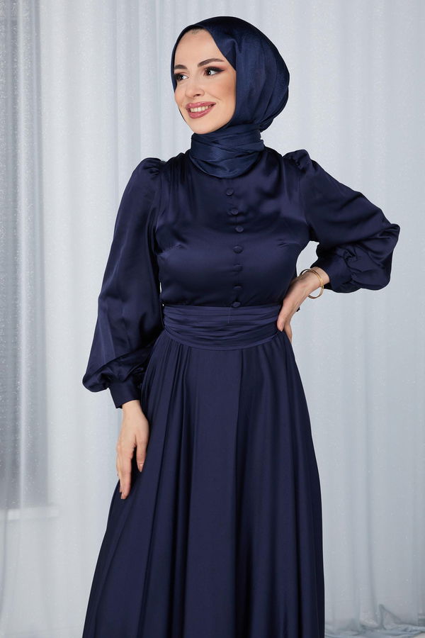 Düz Bisiklet Yaka Kadın Lacivert Abiye Elbise - 23683 LACİVERT