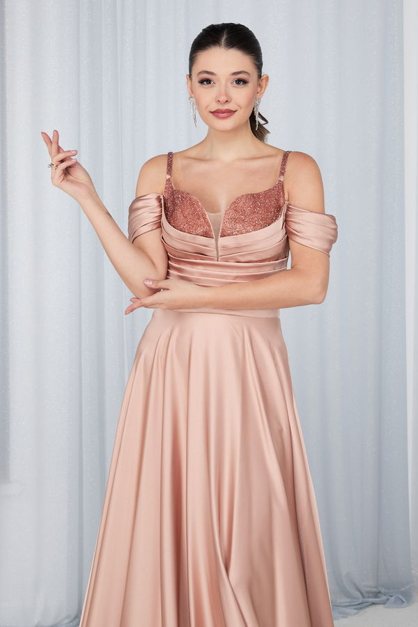 Düz Orta Kadın Bej Abiye Elbise - 23676 BEJ