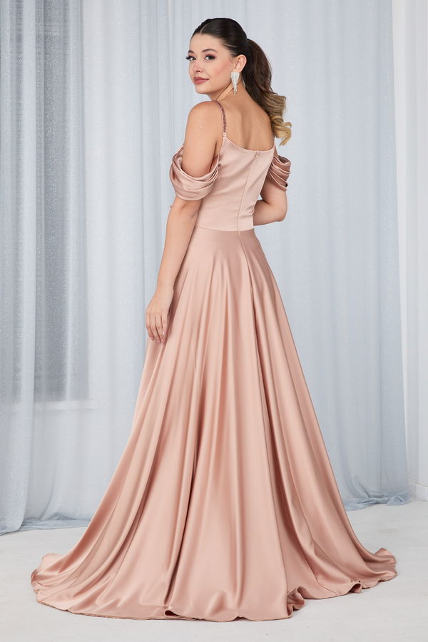 Düz Orta Kadın Bej Abiye Elbise - 23676 BEJ