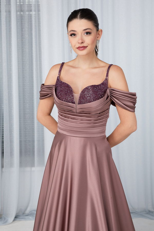 Düz Orta Kadın Vizon Abiye Elbise - 23676