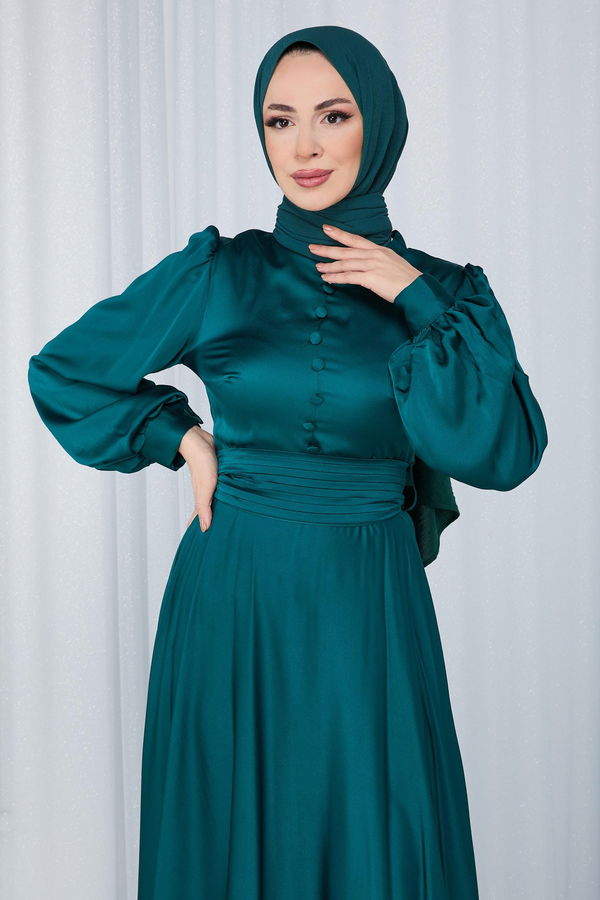 Düz Bisiklet Yaka Kadın Yeşil Abiye Elbise - 23683 YEŞİL