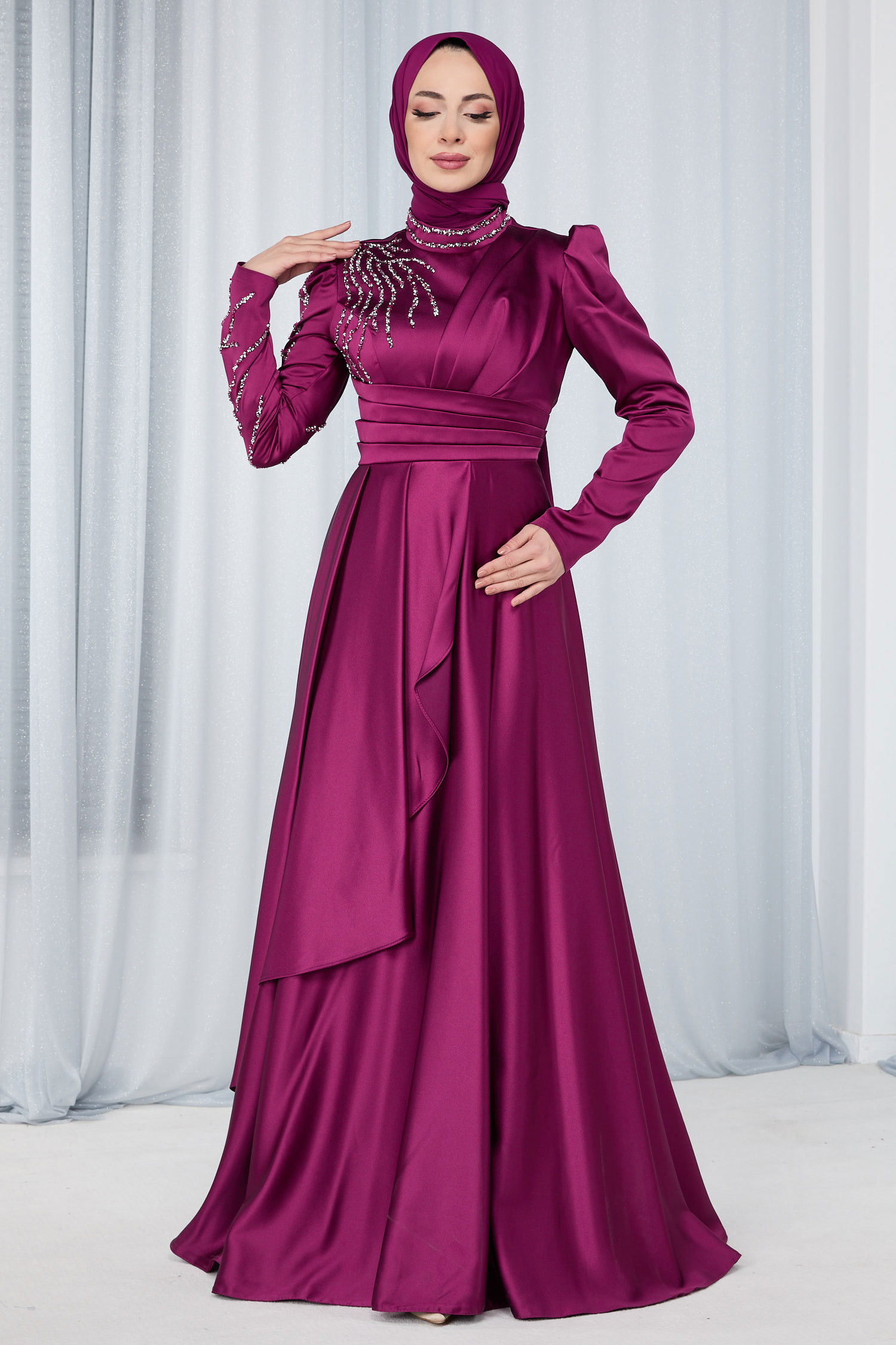 Düz Hakim Yaka Kadın Mor Abiye Elbise - 23680
