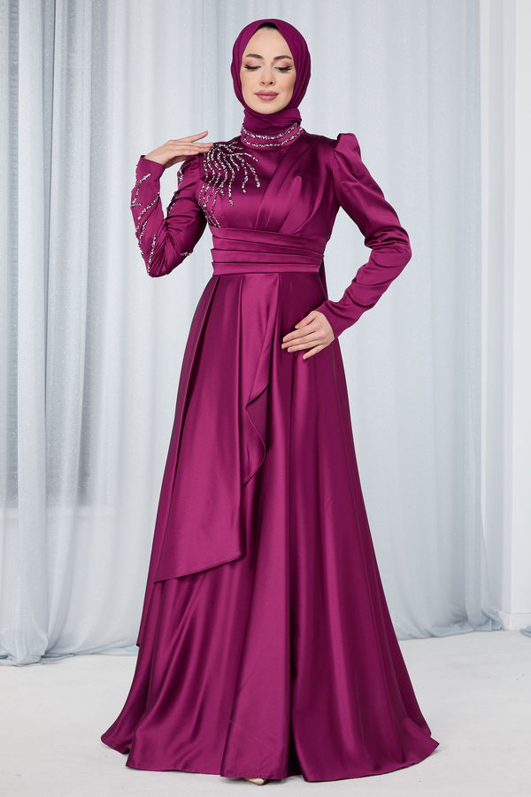 Düz Hakim Yaka Kadın Mor Abiye Elbise - 23680