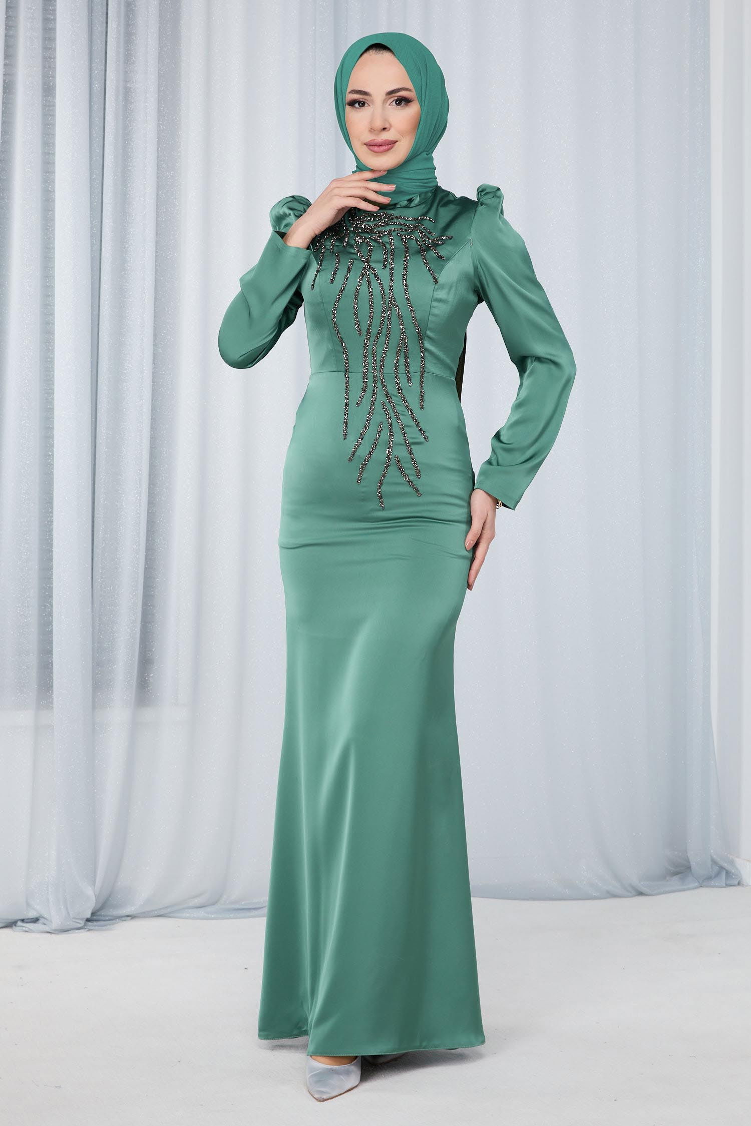 Düz Hakim Yaka Kadın Haki Abiye Elbise - 23681 HAKİ