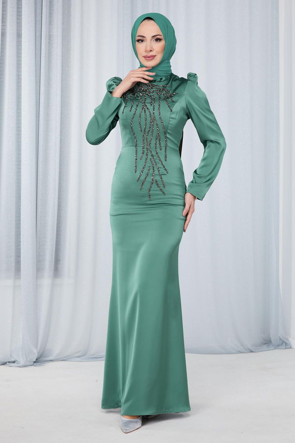 Düz Hakim Yaka Kadın Haki Abiye Elbise - 23681 HAKİ