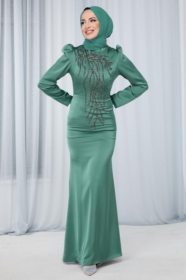 Düz Hakim Yaka Kadın Haki Abiye Elbise - 23681 HAKİ