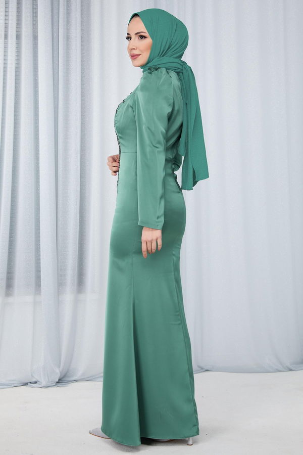 Düz Hakim Yaka Kadın Haki Abiye Elbise - 23681 HAKİ