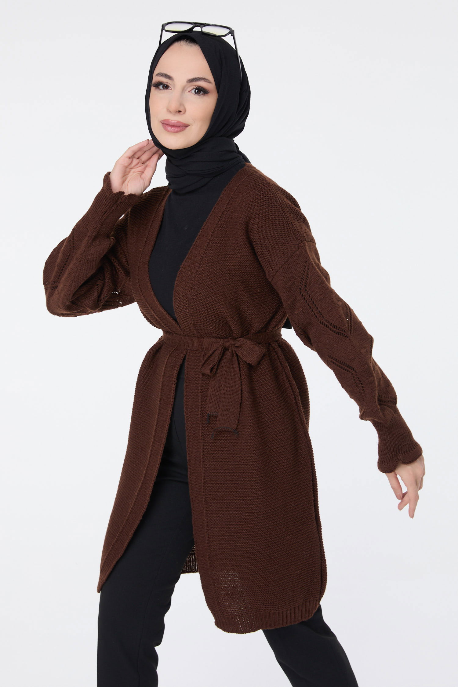 Düz Kruvaze Yaka Kadın Kahverengi Triko Hırka - 23711 KAHVERENGİ