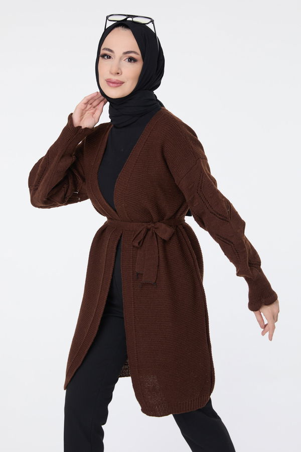 Düz Kruvaze Yaka Kadın Kahverengi Triko Hırka - 23711 KAHVERENGİ