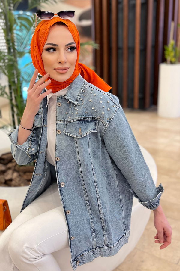 Düz Gömlek Yaka Kadın Mavi Taşlı Kot Ceket - 23050