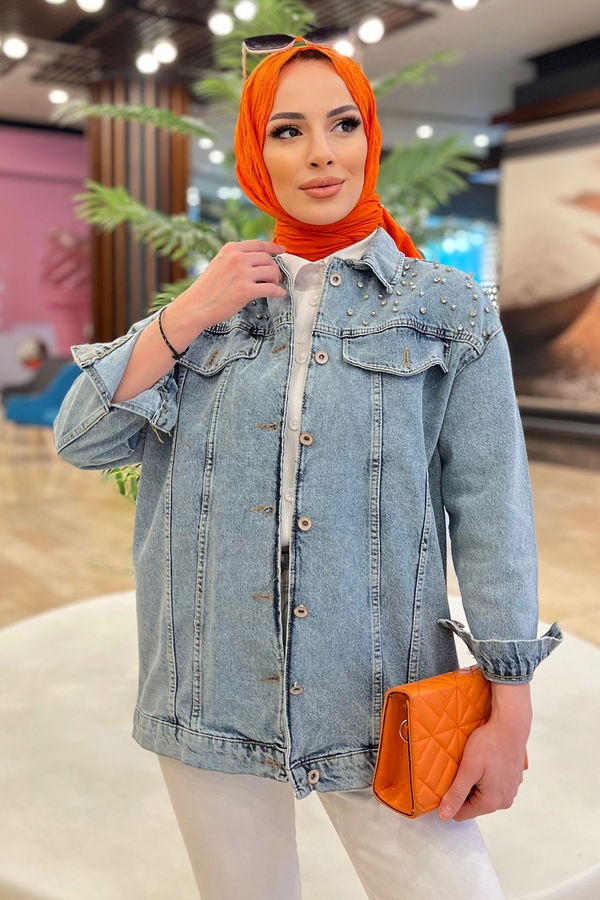 Düz Gömlek Yaka Kadın Mavi Taşlı Kot Ceket - 23050