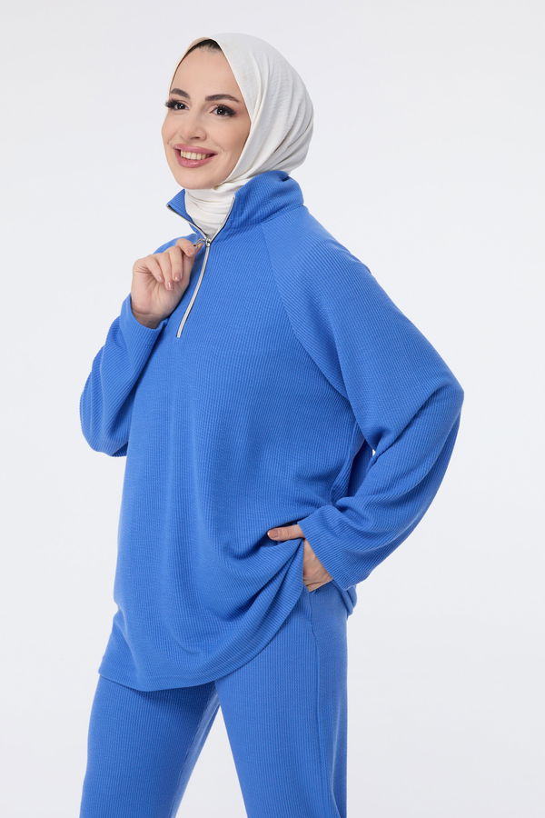 Düz Hakim Yaka Kadın Mavi Tunik Pantolon - 23700 MAVİ