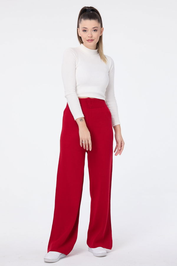 Düz Orta Kadın Kırmızı Triko Pantolon - 23713