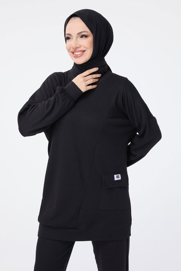 Düz Bisiklet Yaka Kadın Siyah Tunik Pantolon - 23695 SİYAH