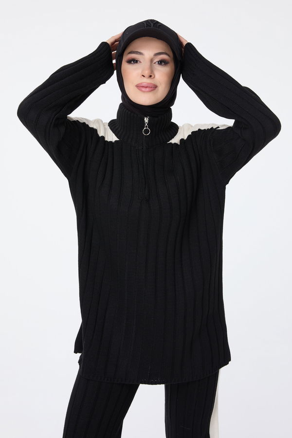 Düz Yarım Balıkçı Yaka Kadın Siyah Triko Tunik Pantolon - 23706