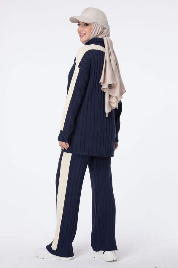 Düz Yarım Balıkçı Yaka Kadın Lacivert Triko Tunik Pantolon - 23706
