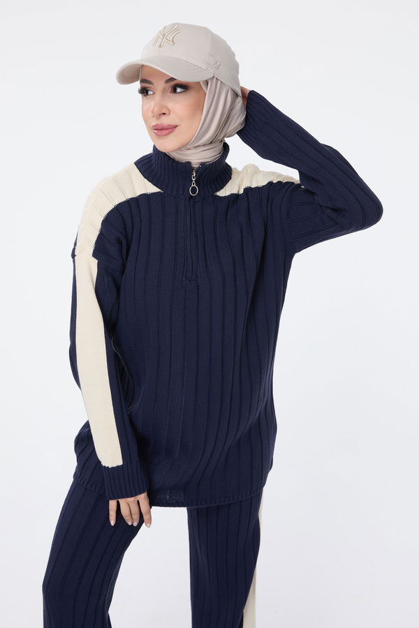 Düz Yarım Balıkçı Yaka Kadın Lacivert Triko Tunik Pantolon - 23706