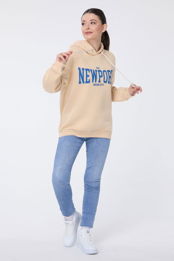Düz Kapşonlu Yaka Kadın Bej Sweat - 23771 BEJ