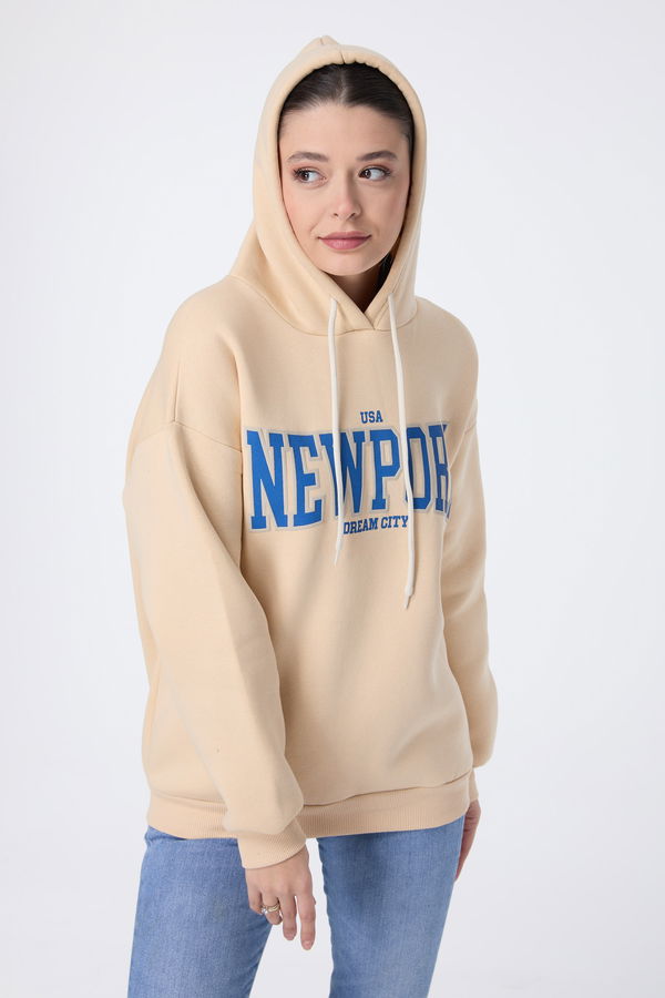 Düz Kapşonlu Yaka Kadın Bej Sweat - 23771 BEJ