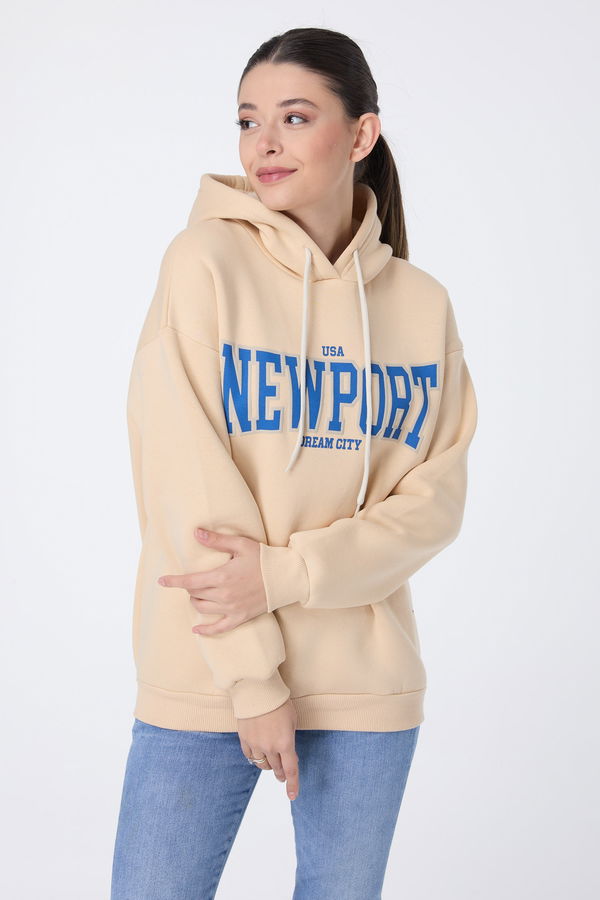 Düz Kapşonlu Yaka Kadın Bej Sweat - 23771 BEJ