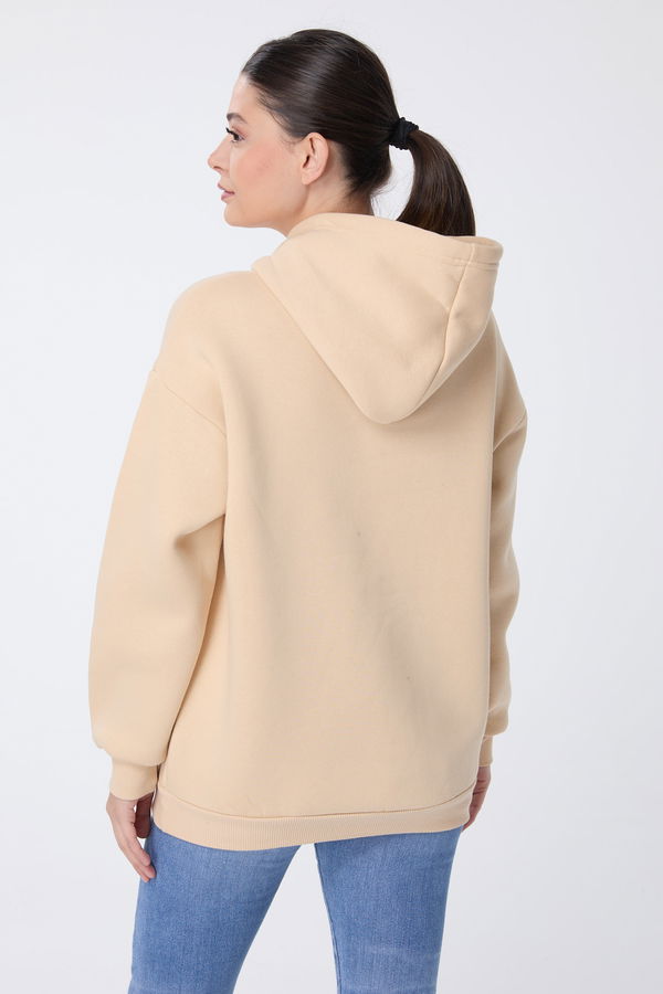 Düz Kapşonlu Yaka Kadın Bej Sweat - 23771 BEJ