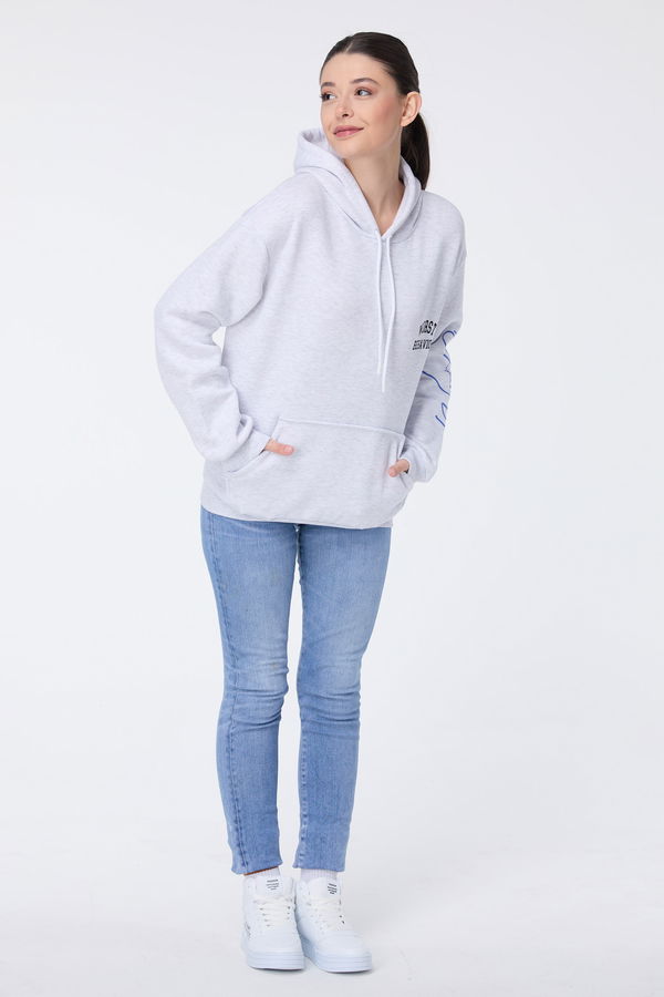 Düz Kapşonlu Yaka Kadın Gri Sweat - 23773
