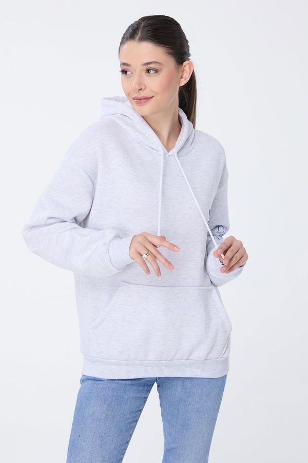 Düz Kapşonlu Yaka Kadın Gri Sweat - 23773