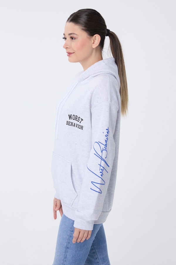 Düz Kapşonlu Yaka Kadın Gri Sweat - 23773