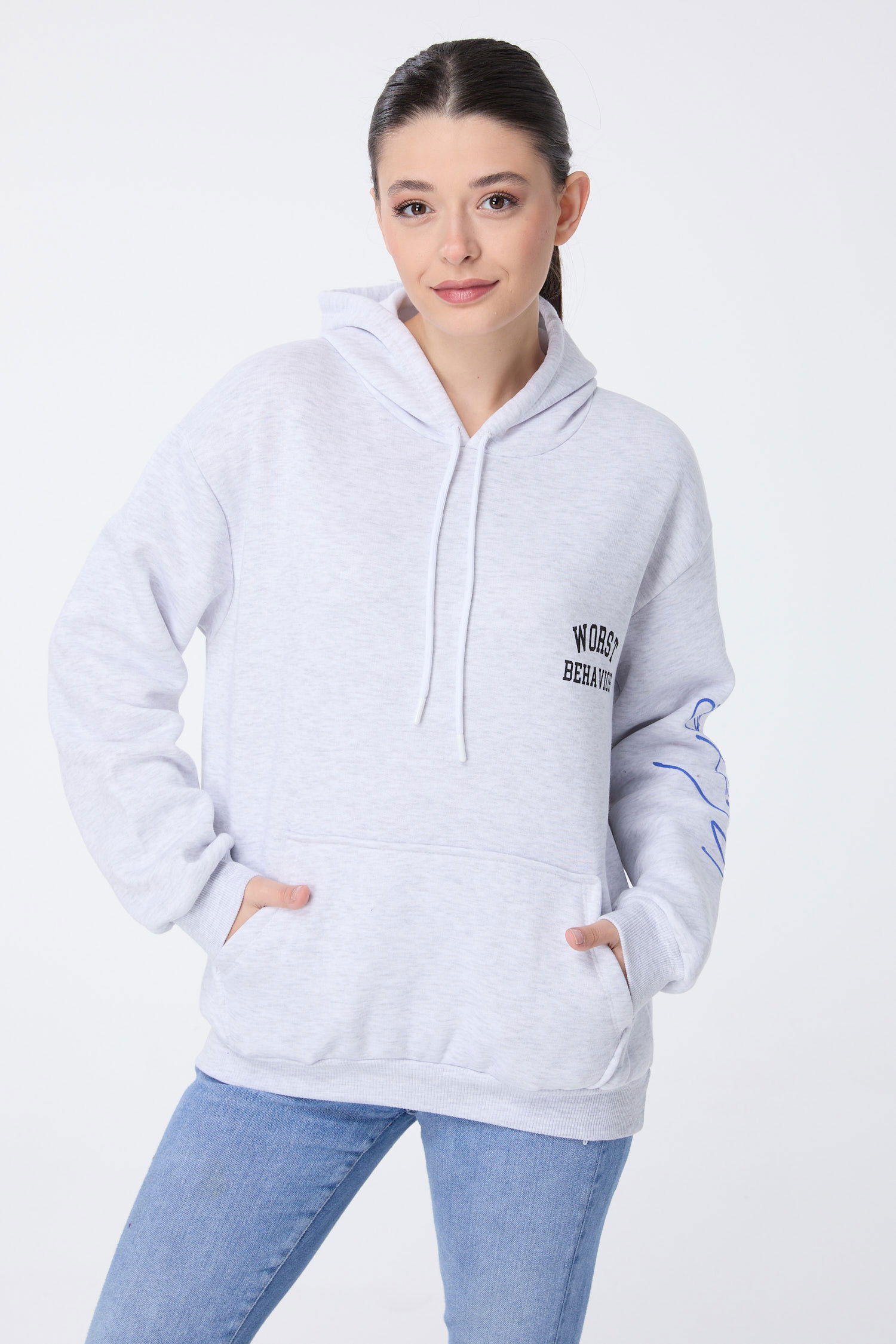 Düz Kapşonlu Yaka Kadın Gri Sweat - 23773