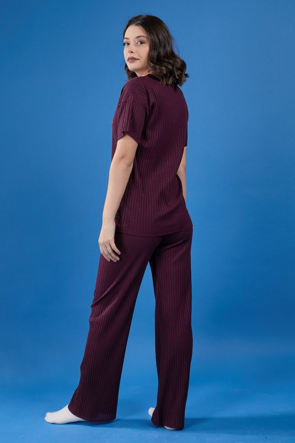 Düz Bisiklet Yaka Kadın Bordo Pijama Takımı - 23751 BORDO