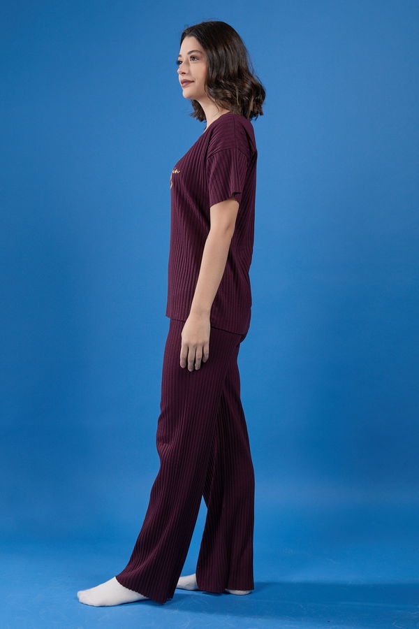 Düz Bisiklet Yaka Kadın Bordo Pijama Takımı - 23751 BORDO